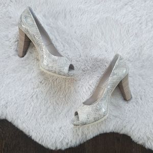 Aquatalia Snake Skin Peep Toe Block Heel Lugged Platform Pumps